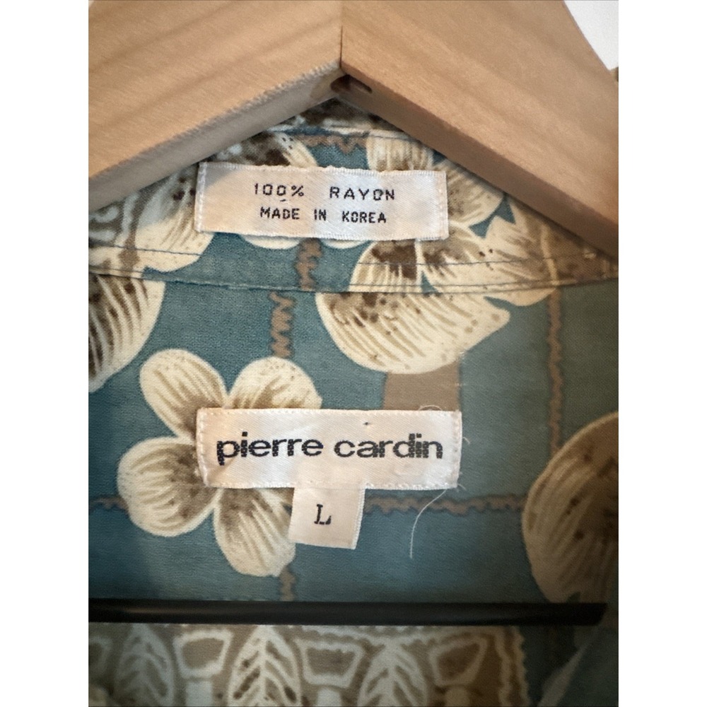 Vintage Pierre Cardin Men's Hawaiian  Button Beige Short Sleeve Pocket Shirt LRG - Picture 4 of 11